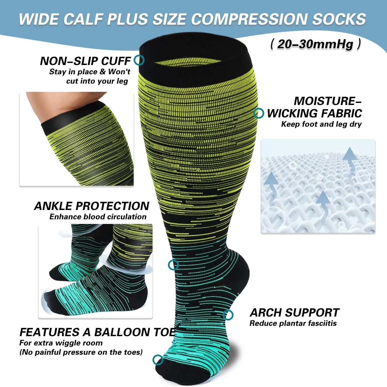 1-Pairs Gradient Big Calf Compression Socks for Man and Woman (20-30 mmHG）| ACTINPUT