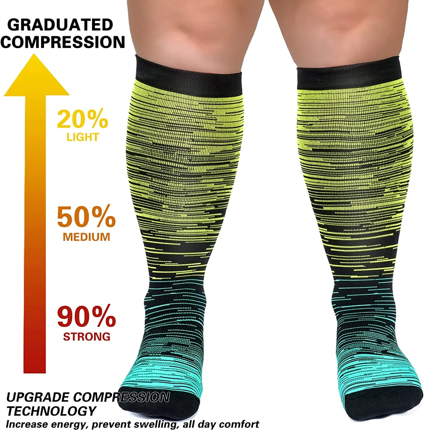 1-Pairs Gradient Big Calf Compression Socks for Man and Woman (20-30 mmHG）| ACTINPUT