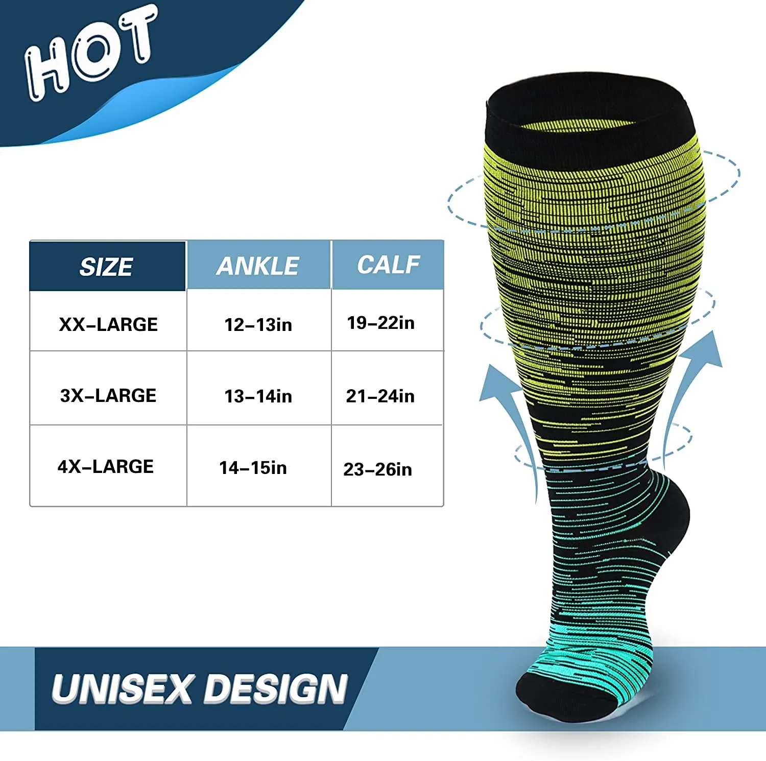 1-Pairs Gradient Big Calf Compression Socks for Man and Woman (20-30 mmHG）| ACTINPUT