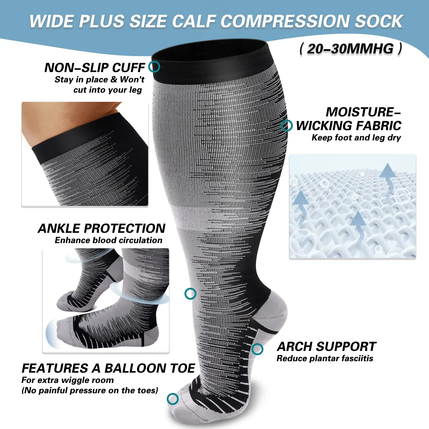 1-Pairs Grey Big Calf Compression Socks for Man and Woman (20-30 mmHG）| ACTINPUT