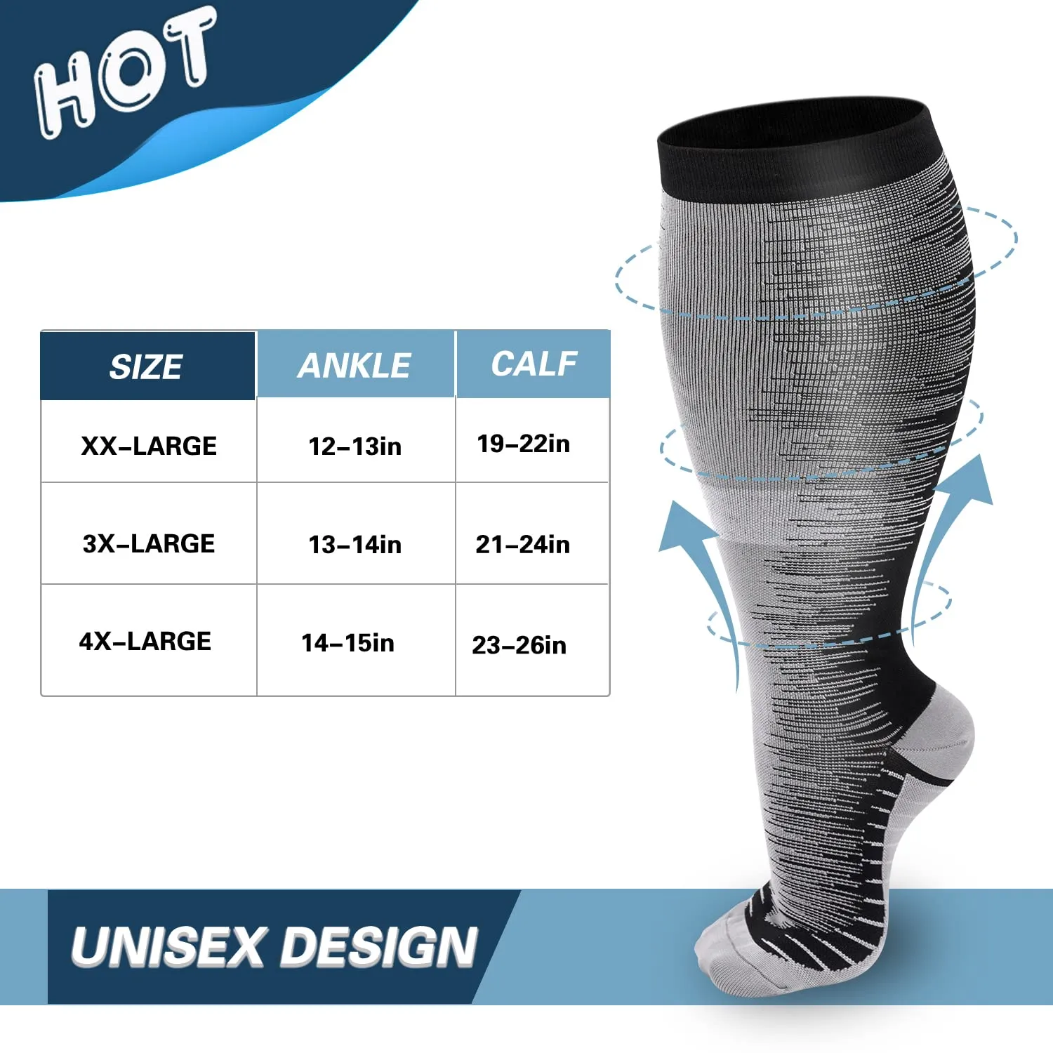 1-Pairs Grey Big Calf Compression Socks for Man and Woman (20-30 mmHG）| ACTINPUT
