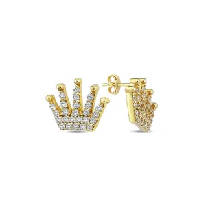 10K Gold Cubic Zirconia Designer Crown Stud Earrings