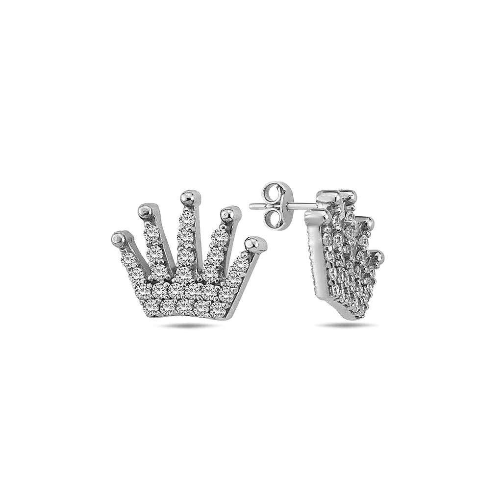10K Gold Cubic Zirconia Designer Crown Stud Earrings