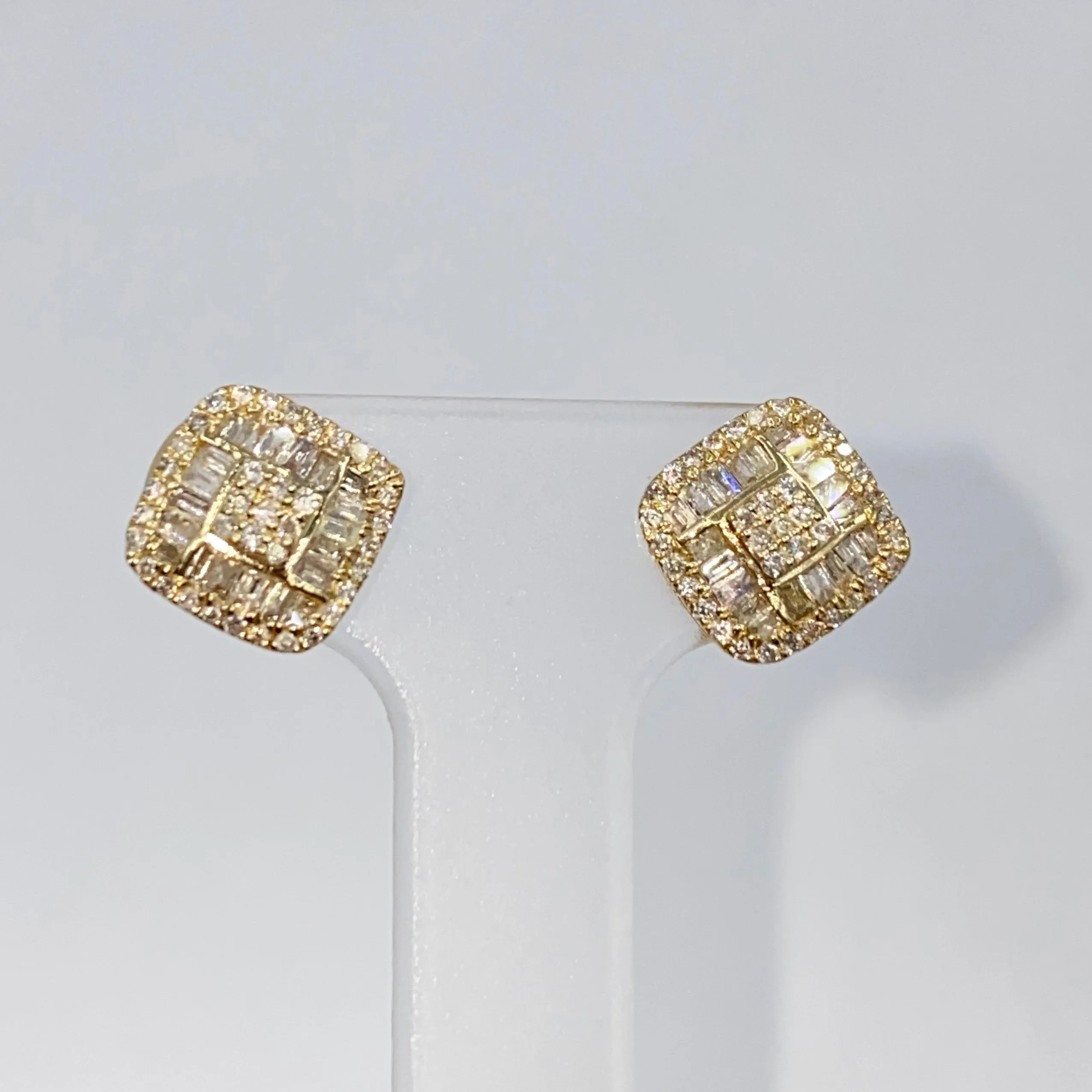 14K 8MM Rounded Square Diamond Baguette Earrings