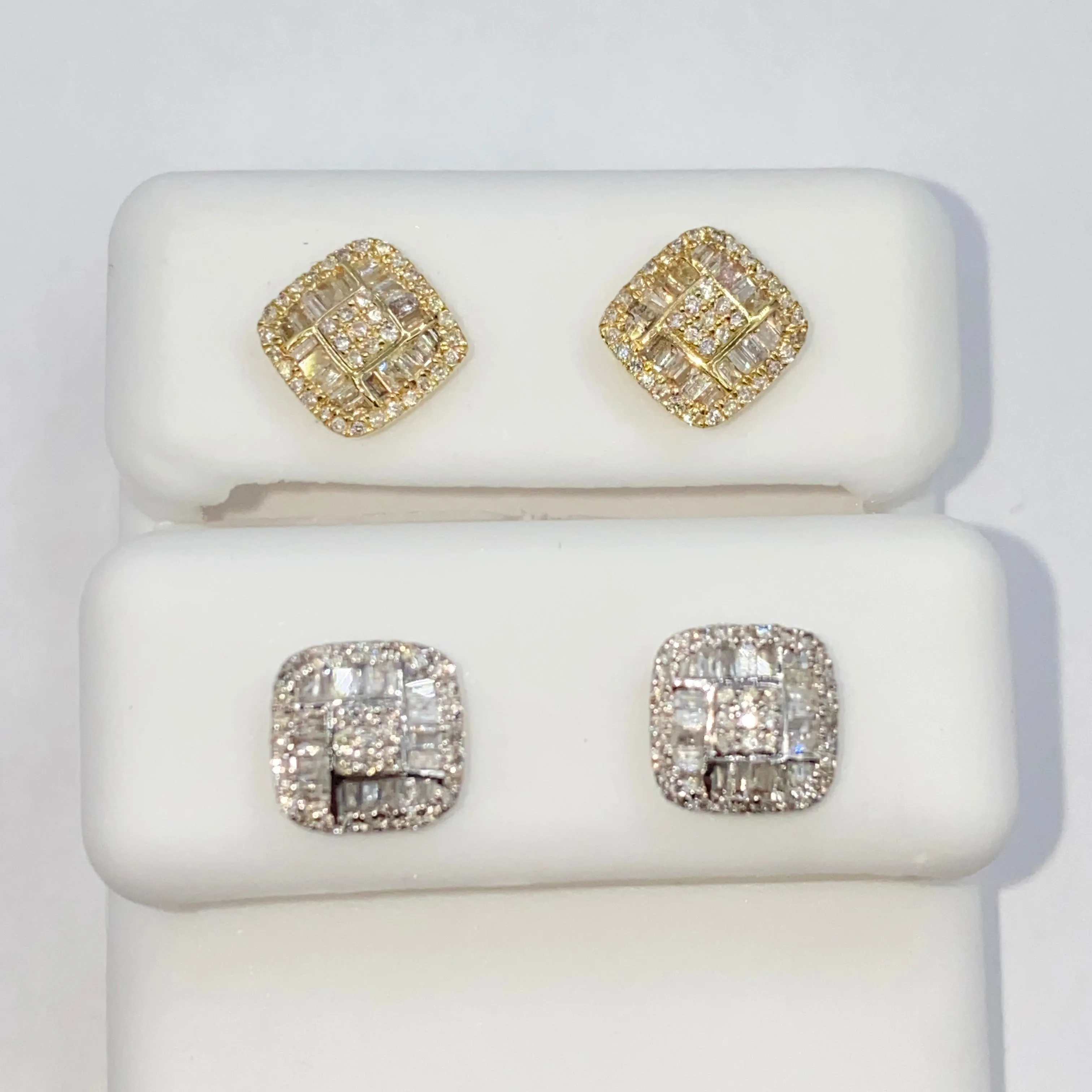 14K 8MM Rounded Square Diamond Baguette Earrings