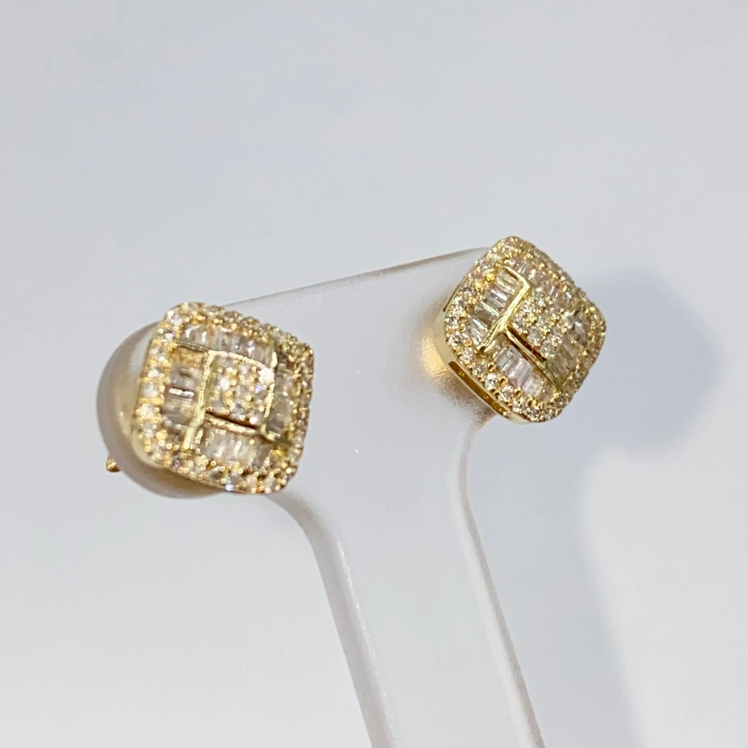 14K 8MM Rounded Square Diamond Baguette Earrings