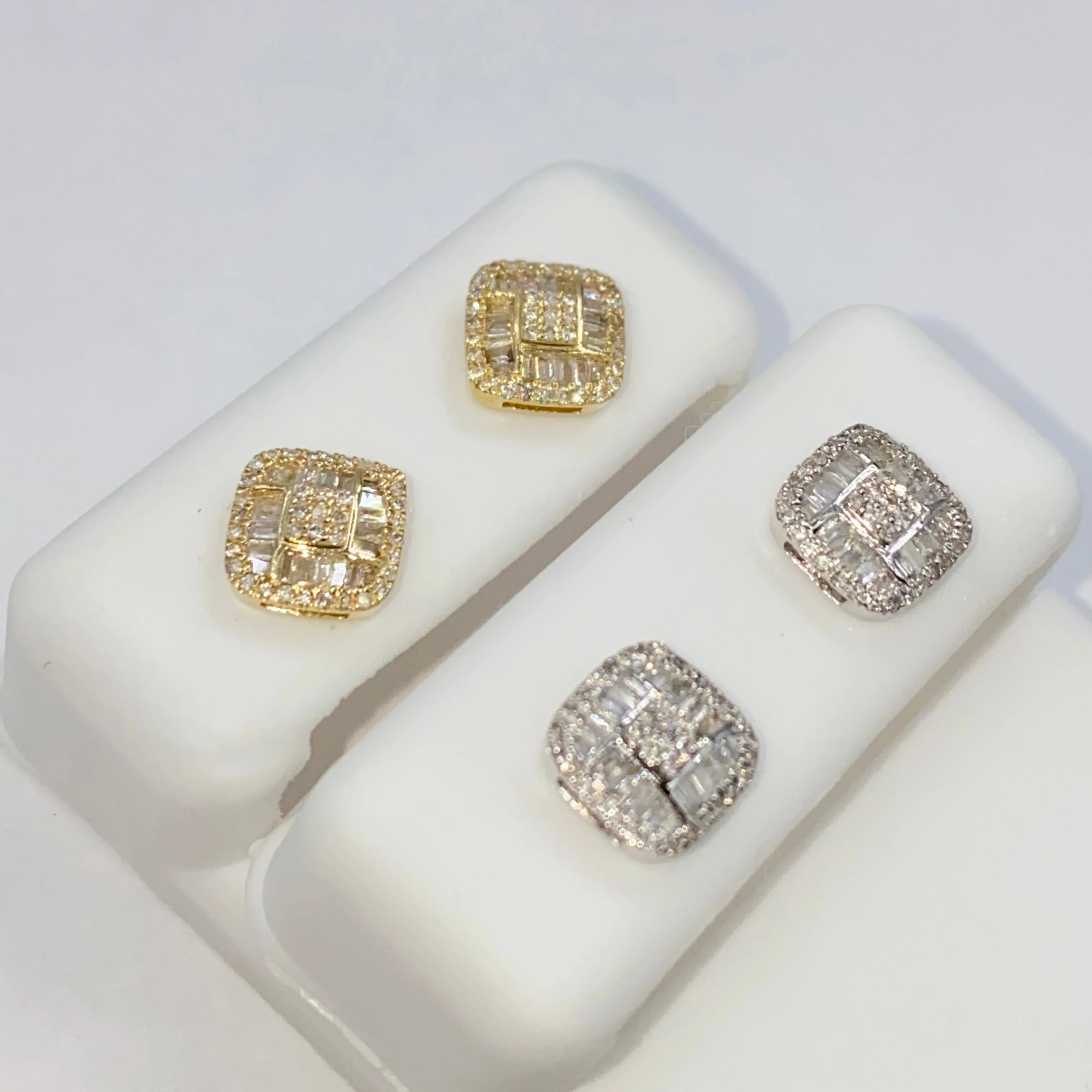 14K 8MM Rounded Square Diamond Baguette Earrings