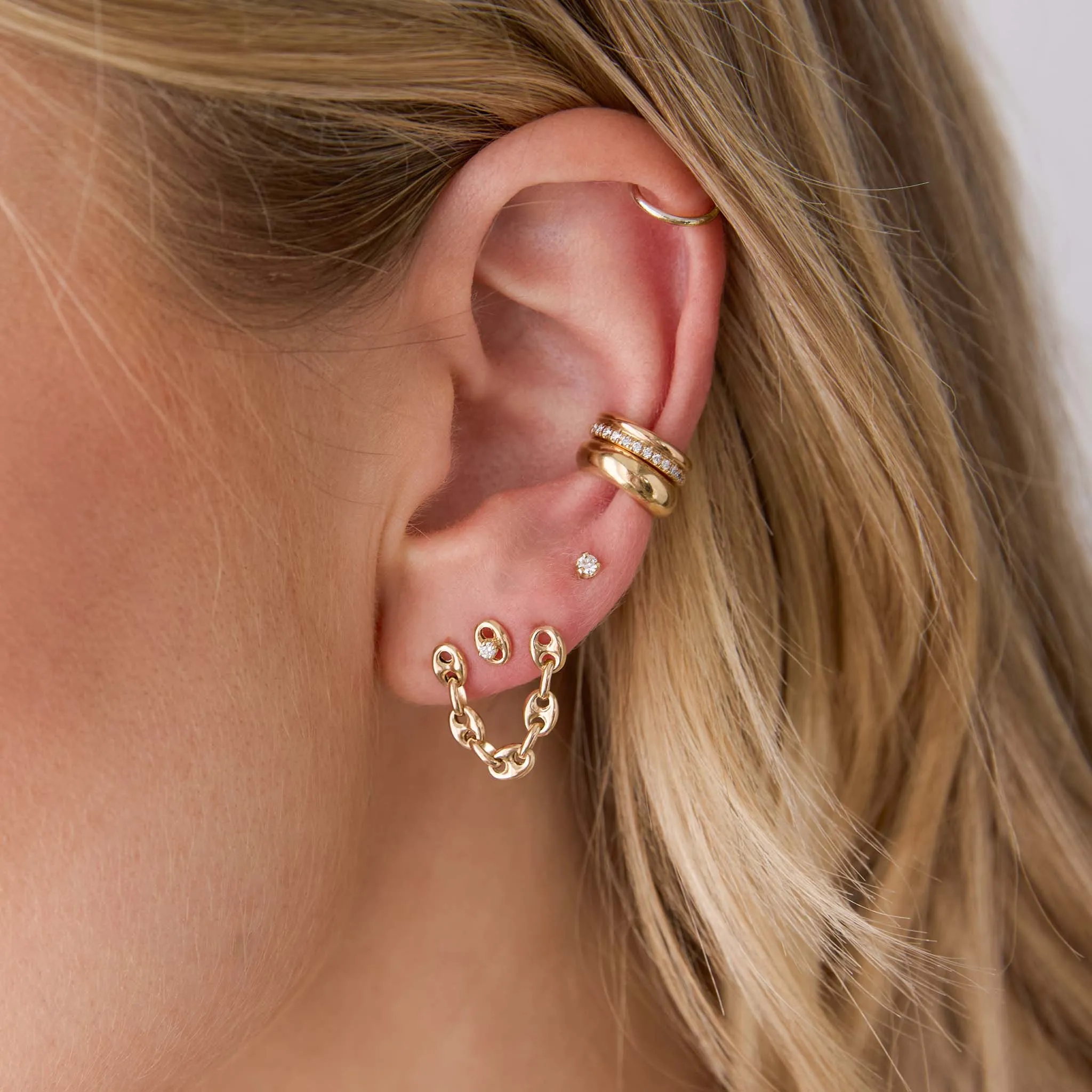 14k Gold Double Stud Small Mariner Chain Earring