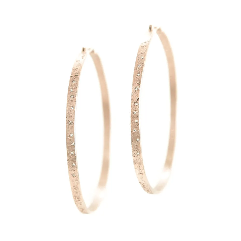 14K Gold Textured Hoop Earrings with White Diamonds