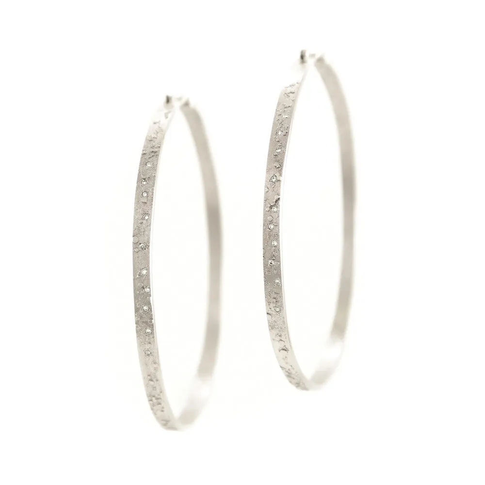 14K Gold Textured Hoop Earrings with White Diamonds