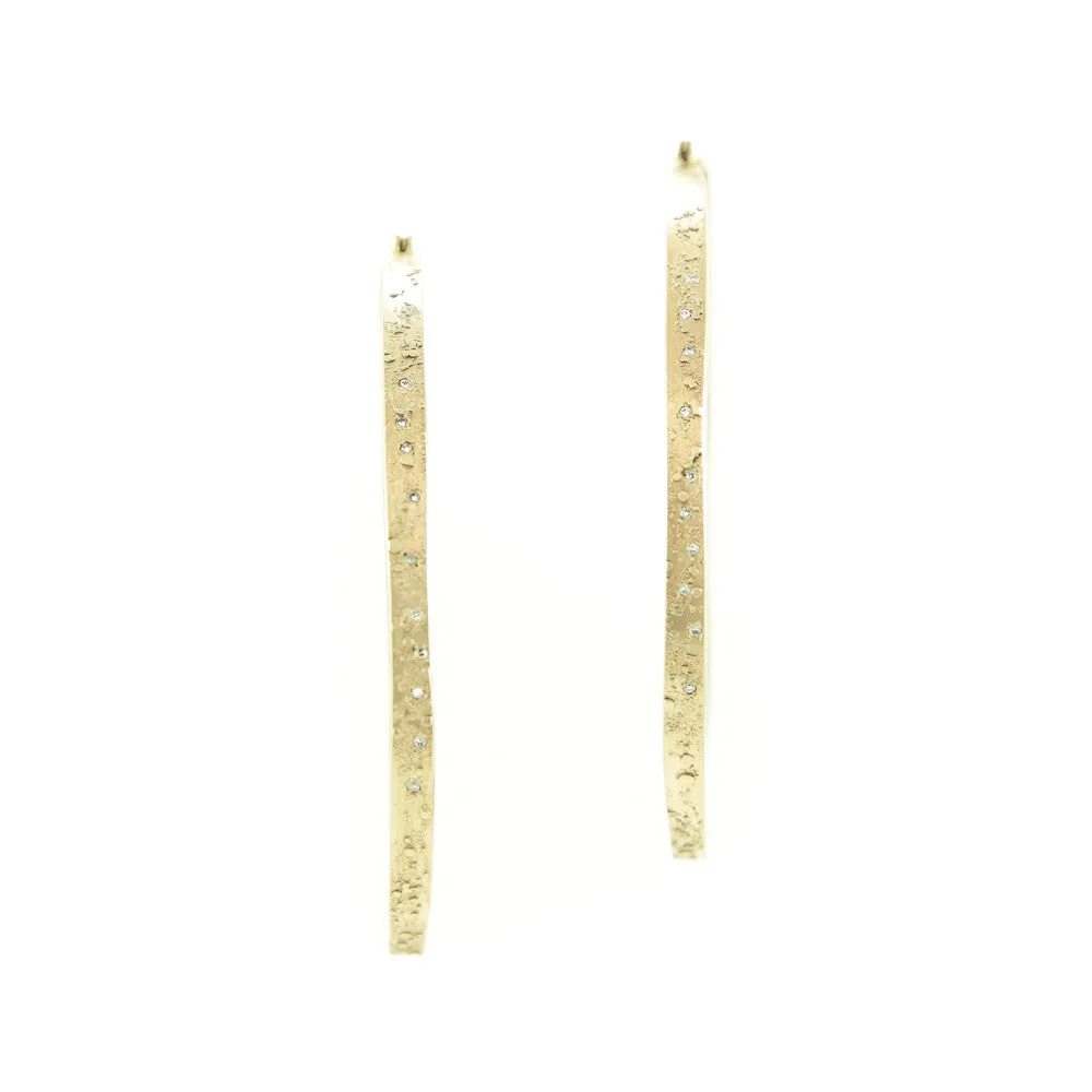 14K Gold Textured Hoop Earrings with White Diamonds