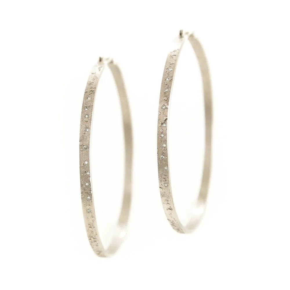 14K Gold Textured Hoop Earrings with White Diamonds