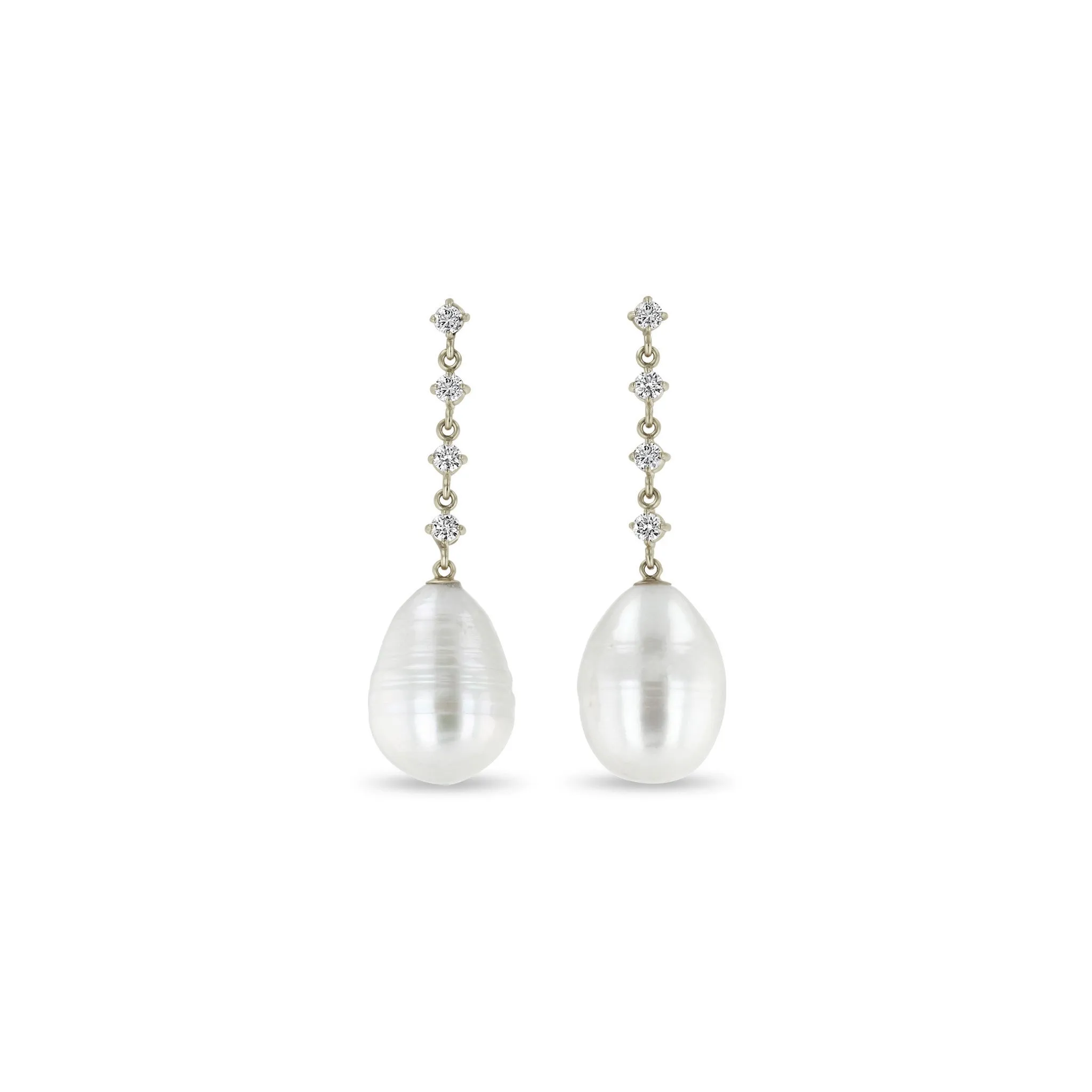 14k Linked Prong Diamond & Baroque Pearl Drop Earrings
