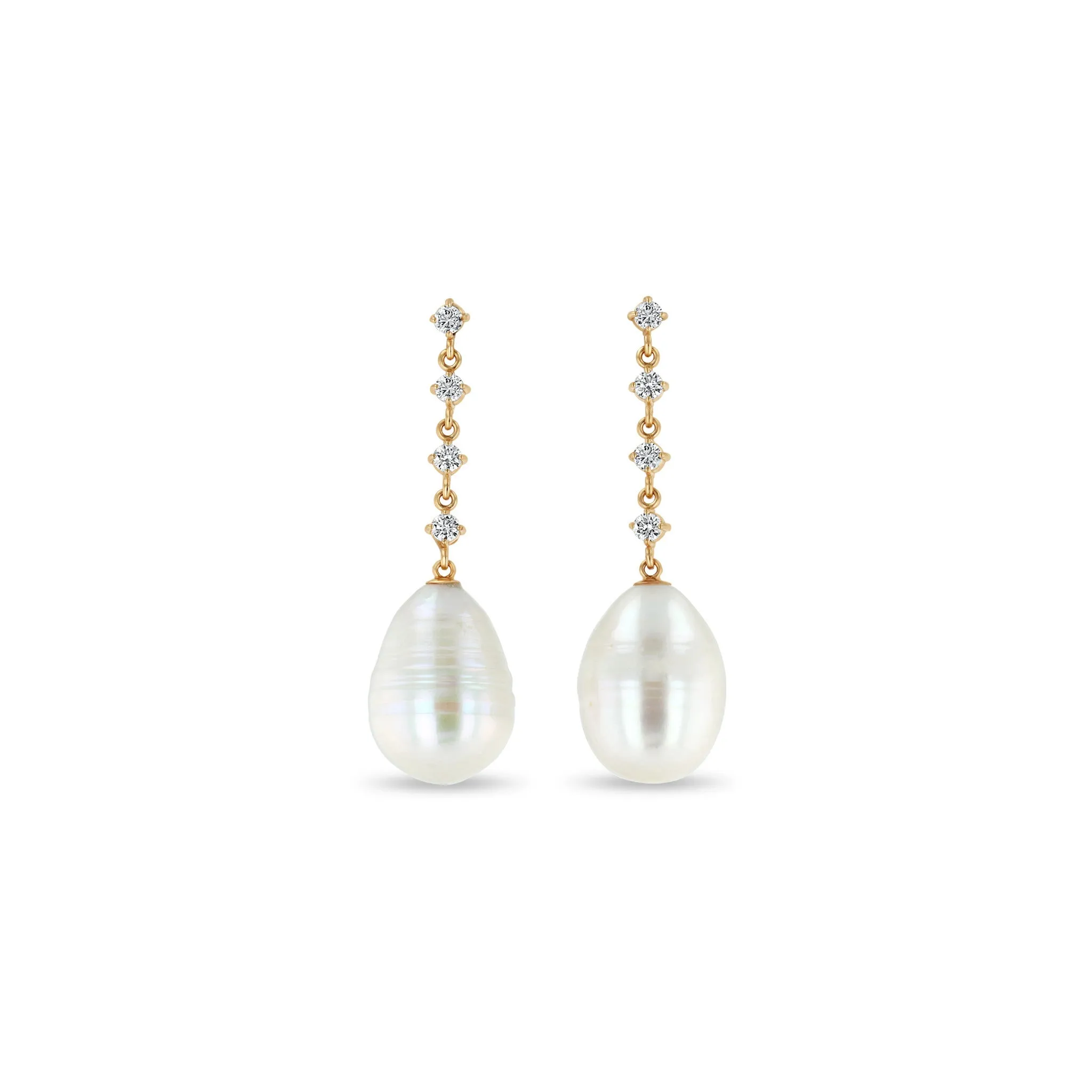 14k Linked Prong Diamond & Baroque Pearl Drop Earrings