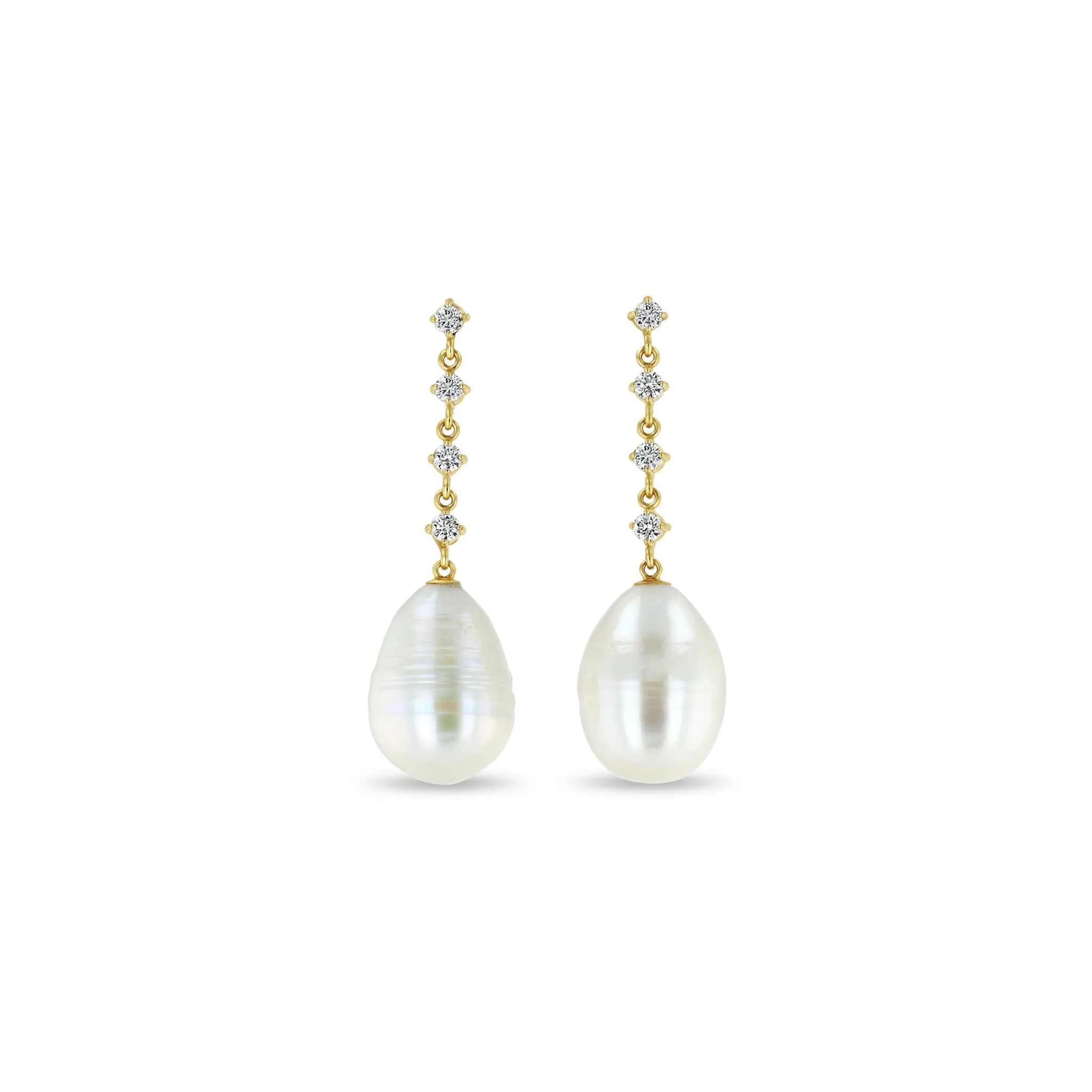 14k Linked Prong Diamond & Baroque Pearl Drop Earrings