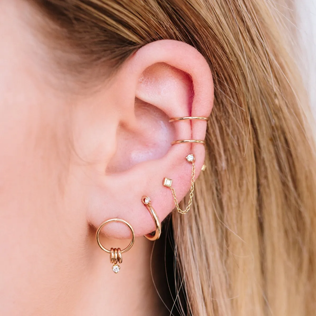 14K Mixed Diamond Chain Double Stud Earring