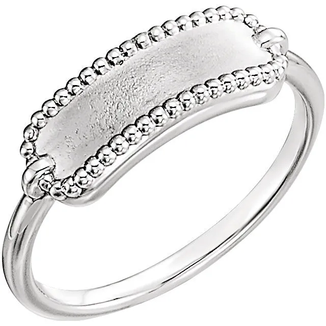 14K White Beaded Signet Ring