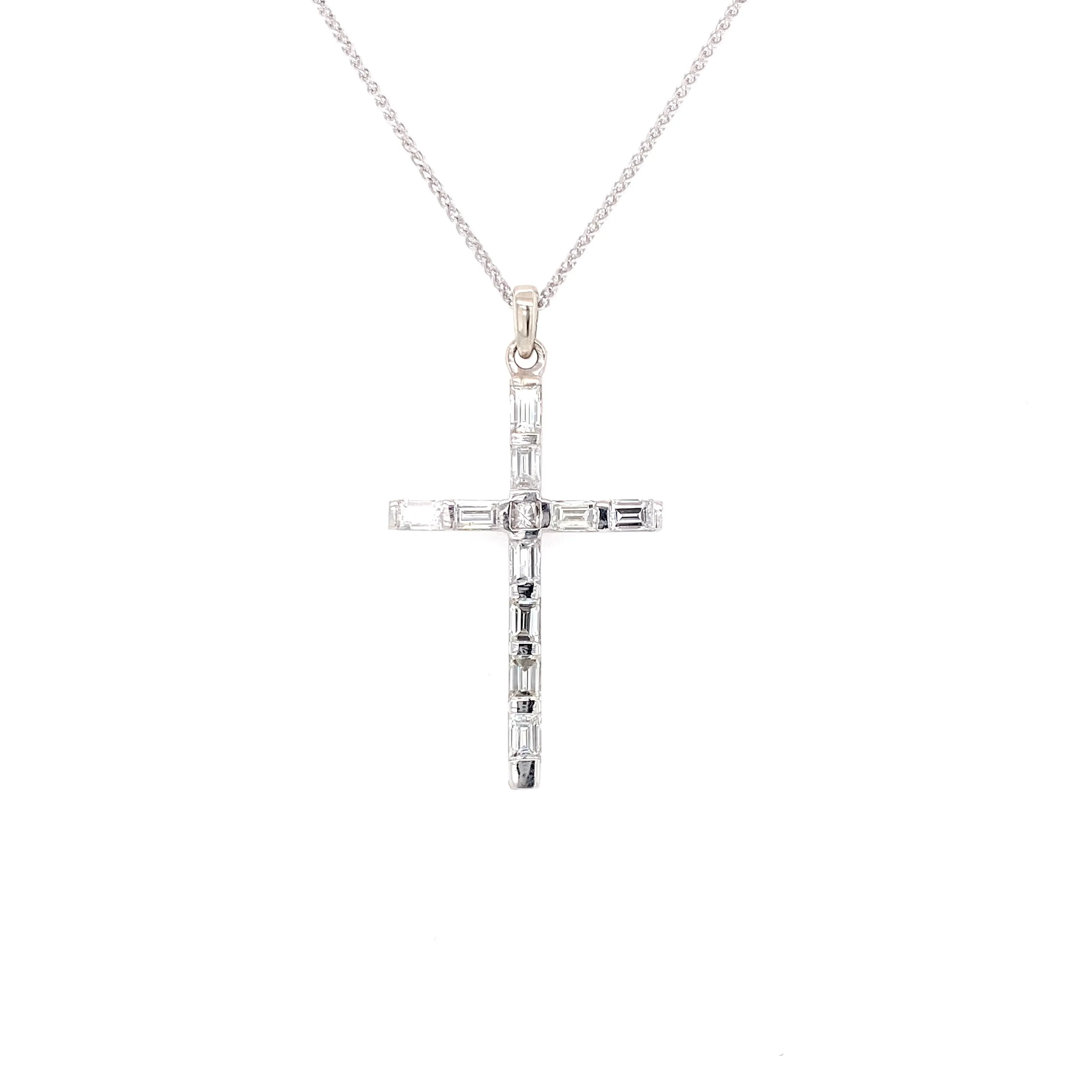 14K White Gold Round Baguette Diamond Cross
