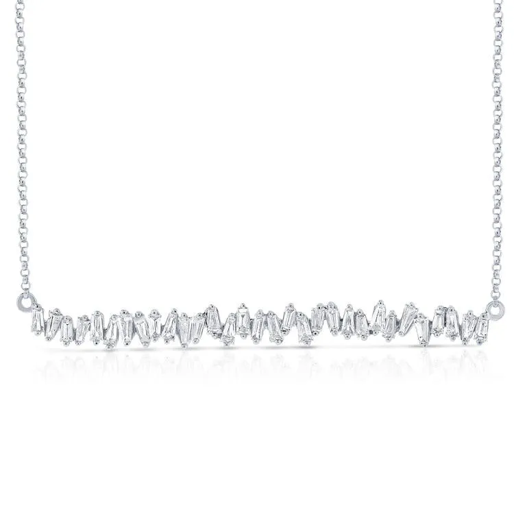 14K White Gold Staggered Baguette Diamond Bar Necklace