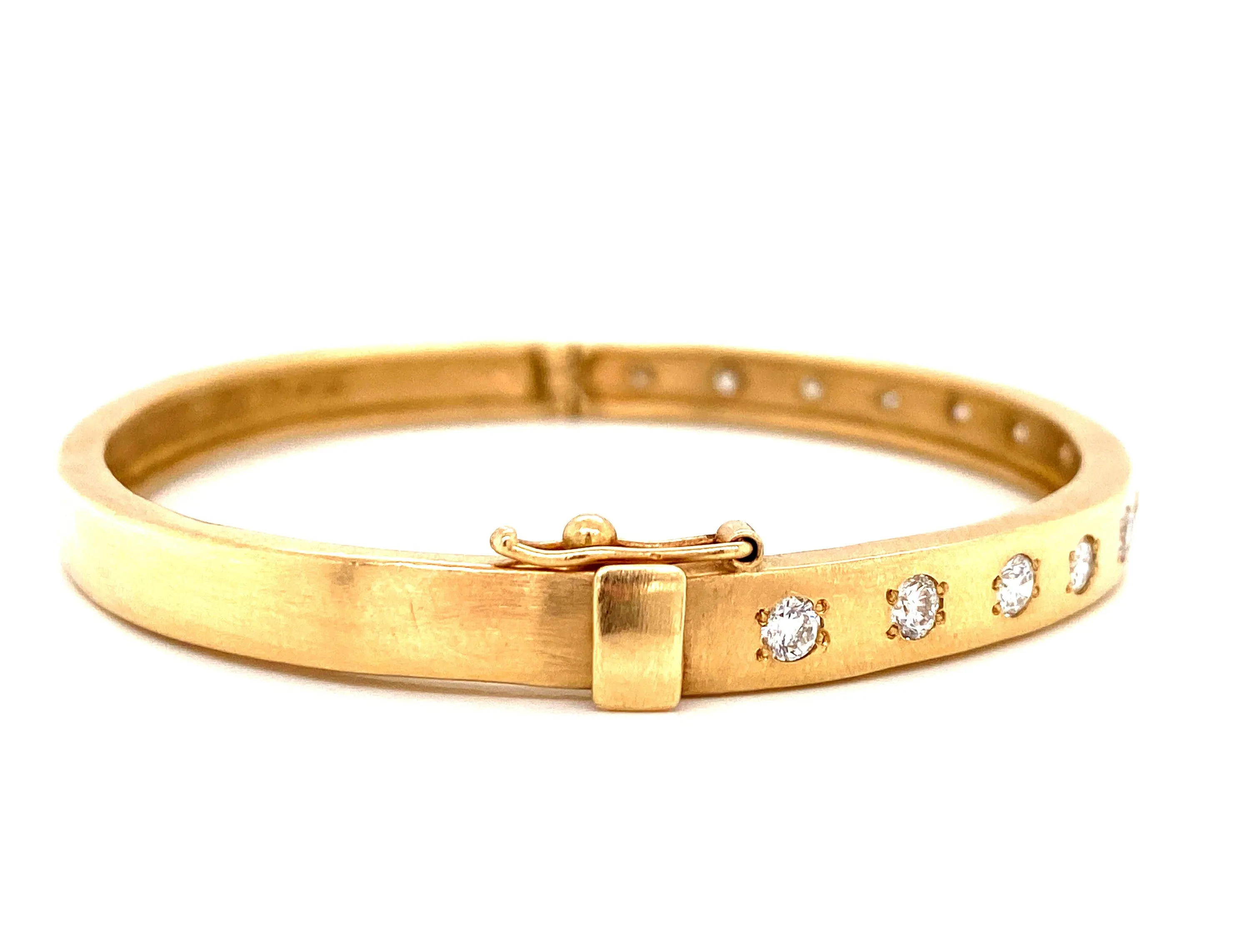 14K Yellow Gold Diamond Satin Finish Hinged Bangle