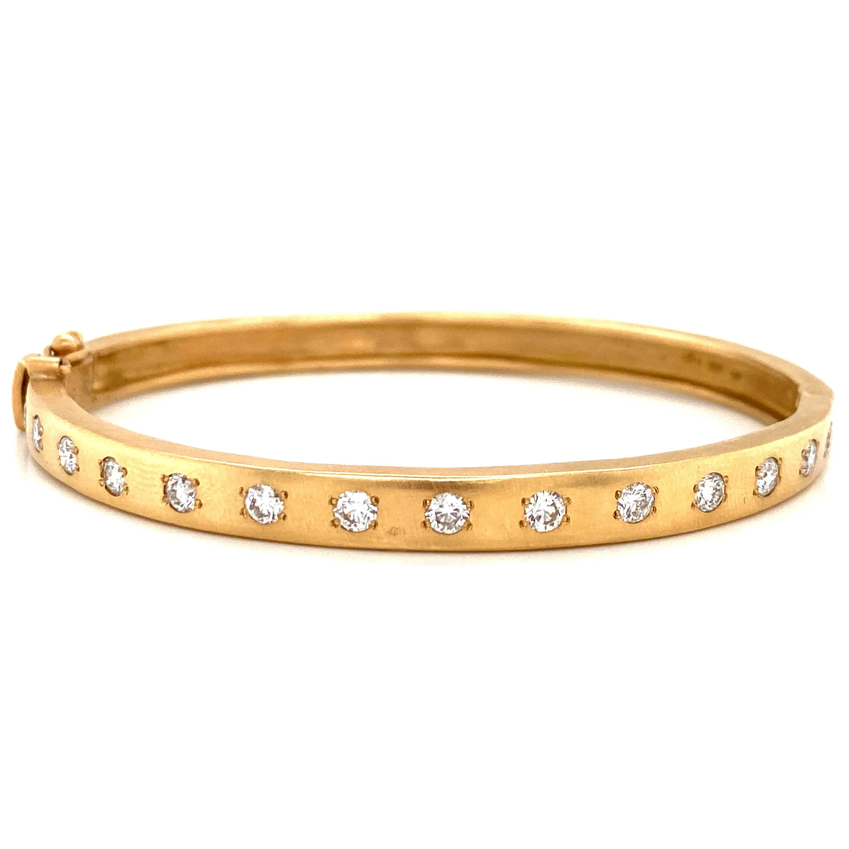 14K Yellow Gold Diamond Satin Finish Hinged Bangle