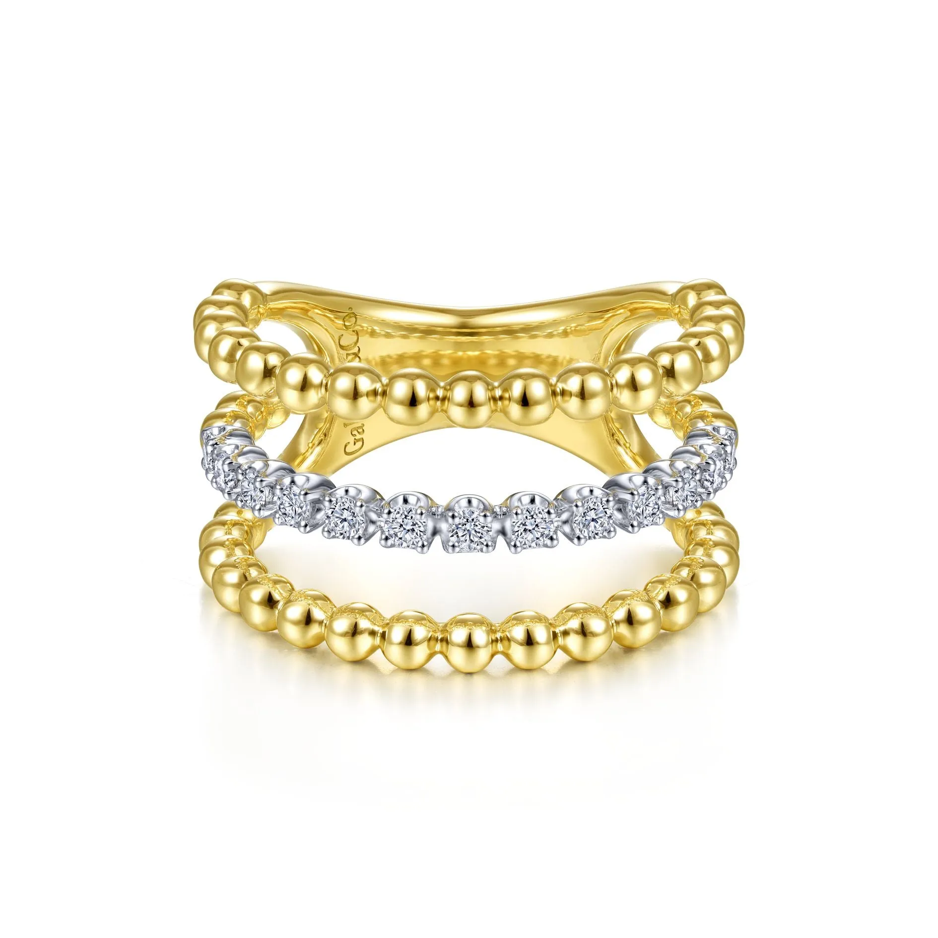 14K Yellow Gold Diamond Triple Row Beaded Ring