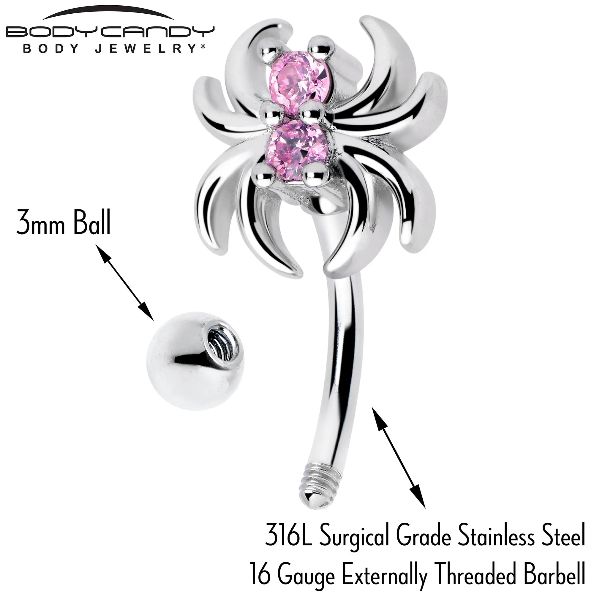 16 Gauge 5/16 Pink CZ Gem Sleek Spider Curved Eyebrow Ring