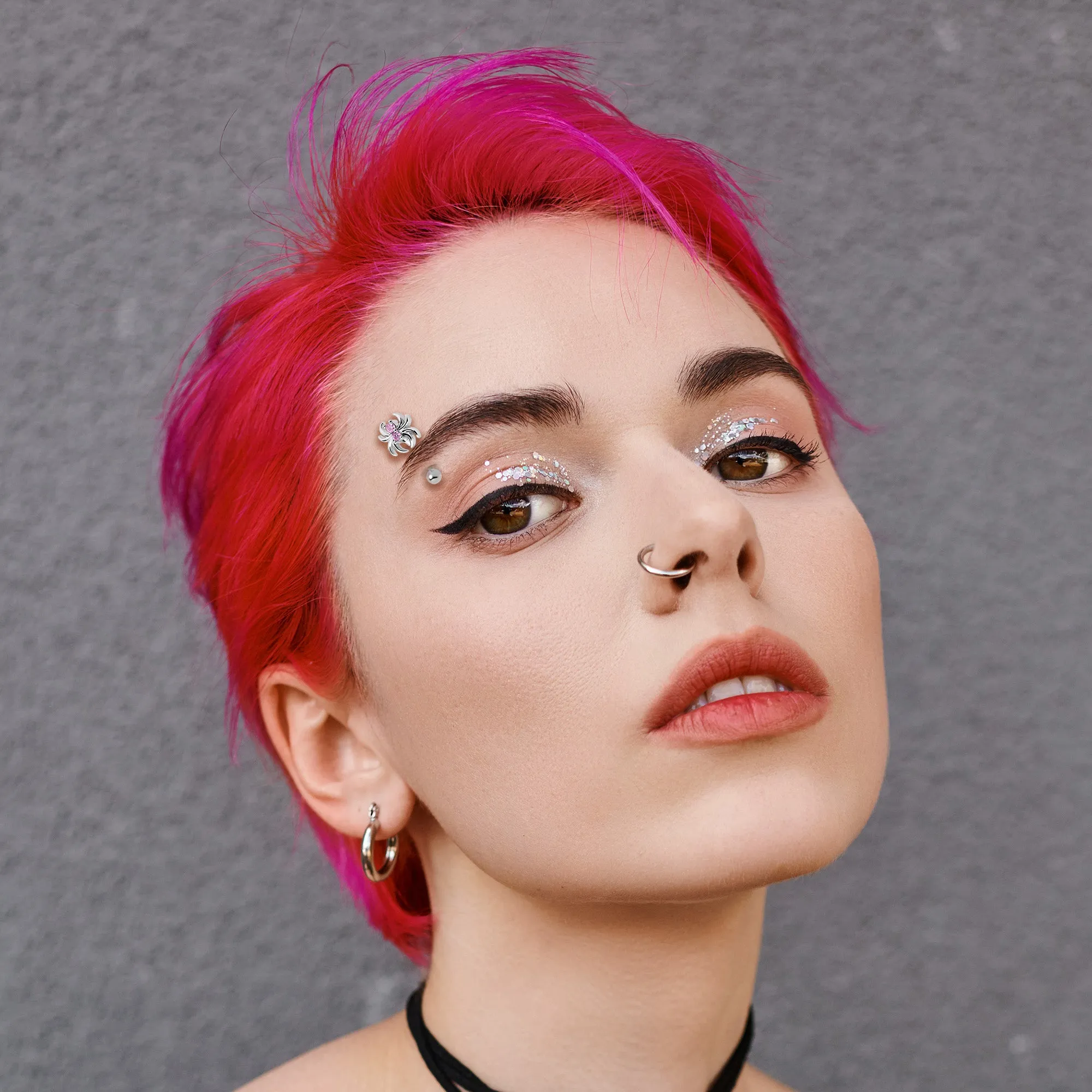 16 Gauge 5/16 Pink CZ Gem Sleek Spider Curved Eyebrow Ring