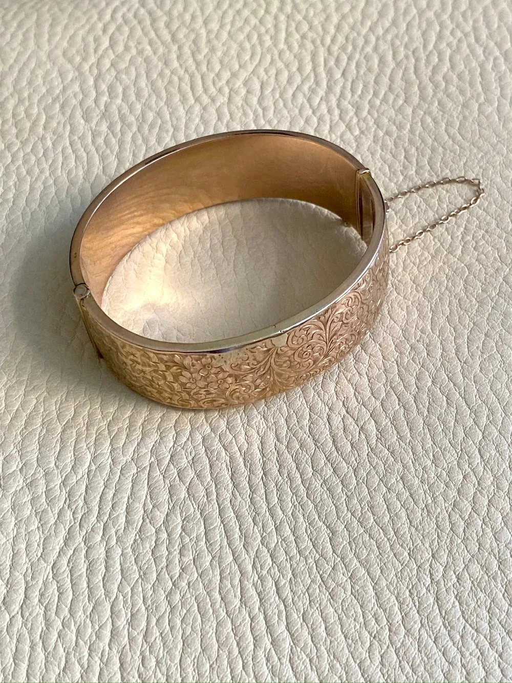 1863 Antique floral engraved wide hinged 9k bangle - Victorian era from Birmingham, England - size 6.8 inch