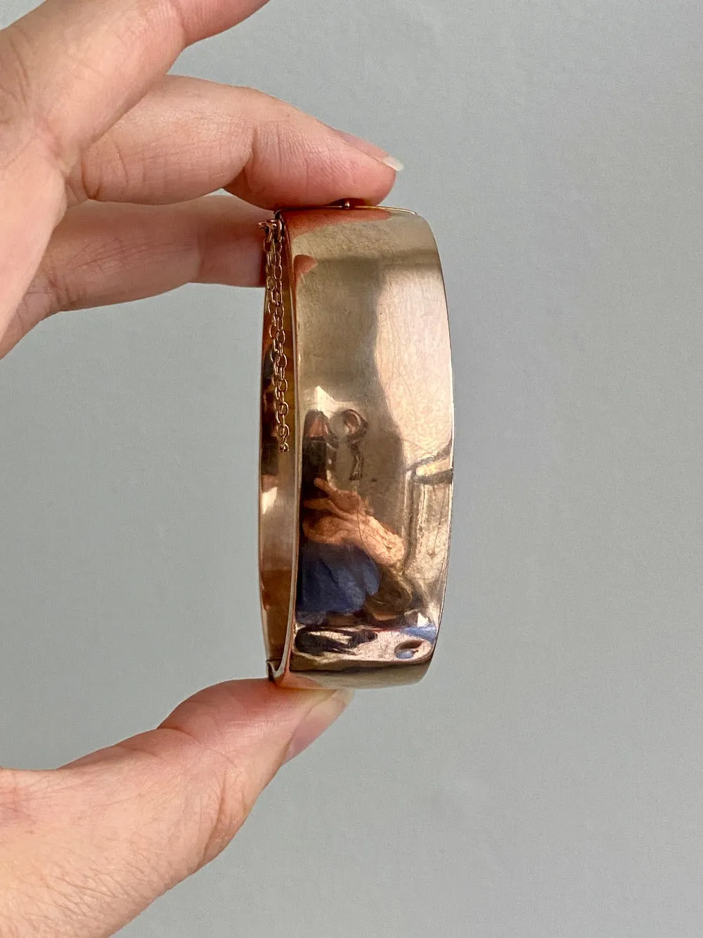 1863 Antique floral engraved wide hinged 9k bangle - Victorian era from Birmingham, England - size 6.8 inch