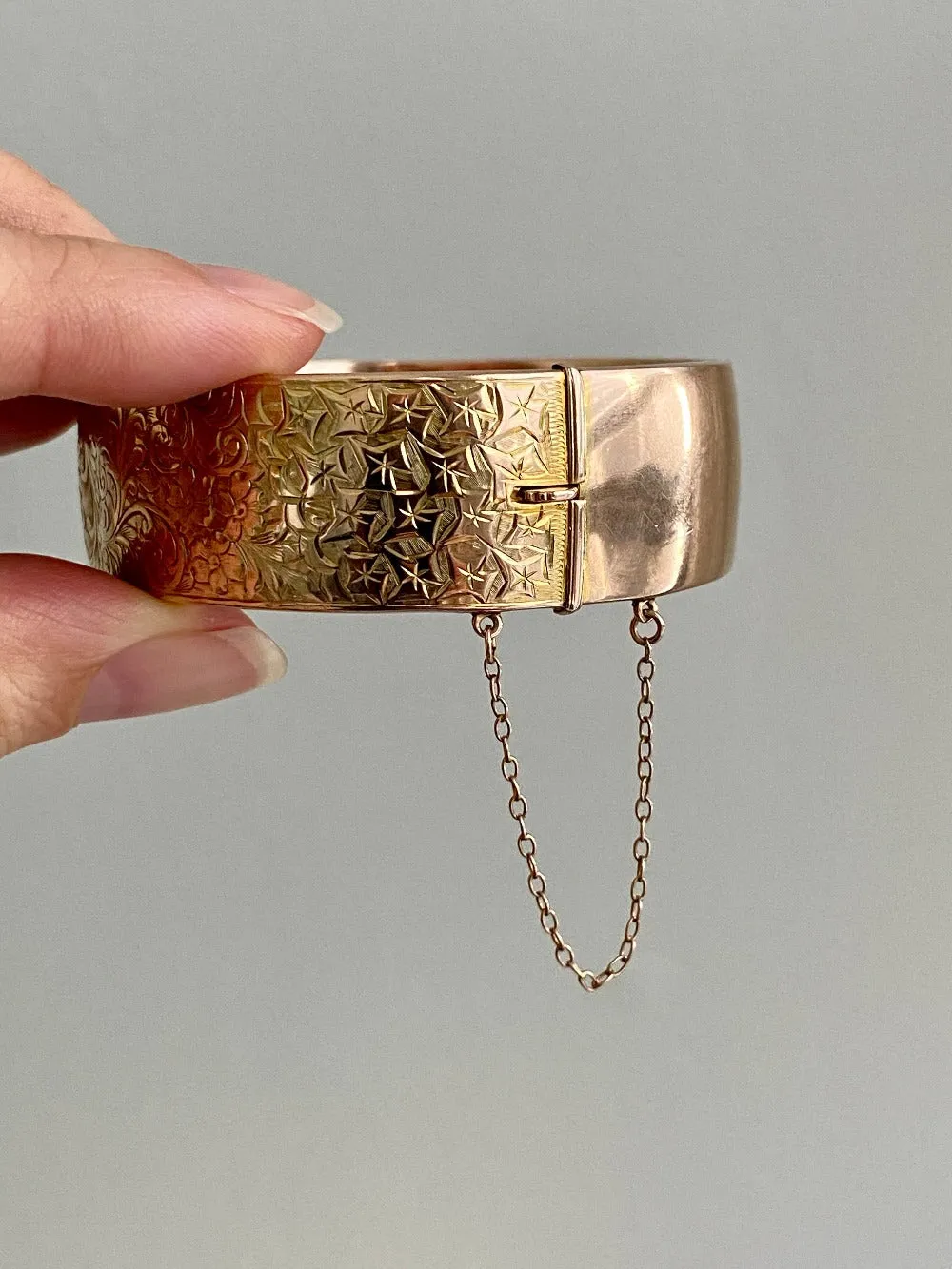 1863 Antique floral engraved wide hinged 9k bangle - Victorian era from Birmingham, England - size 6.8 inch