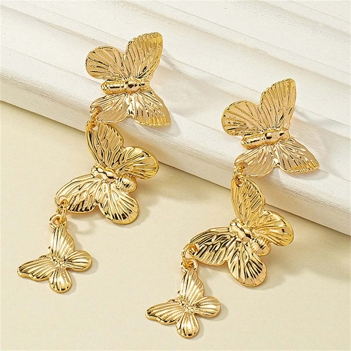 18K Gold-Plated Textured Linked Butterfly Drop Earrings