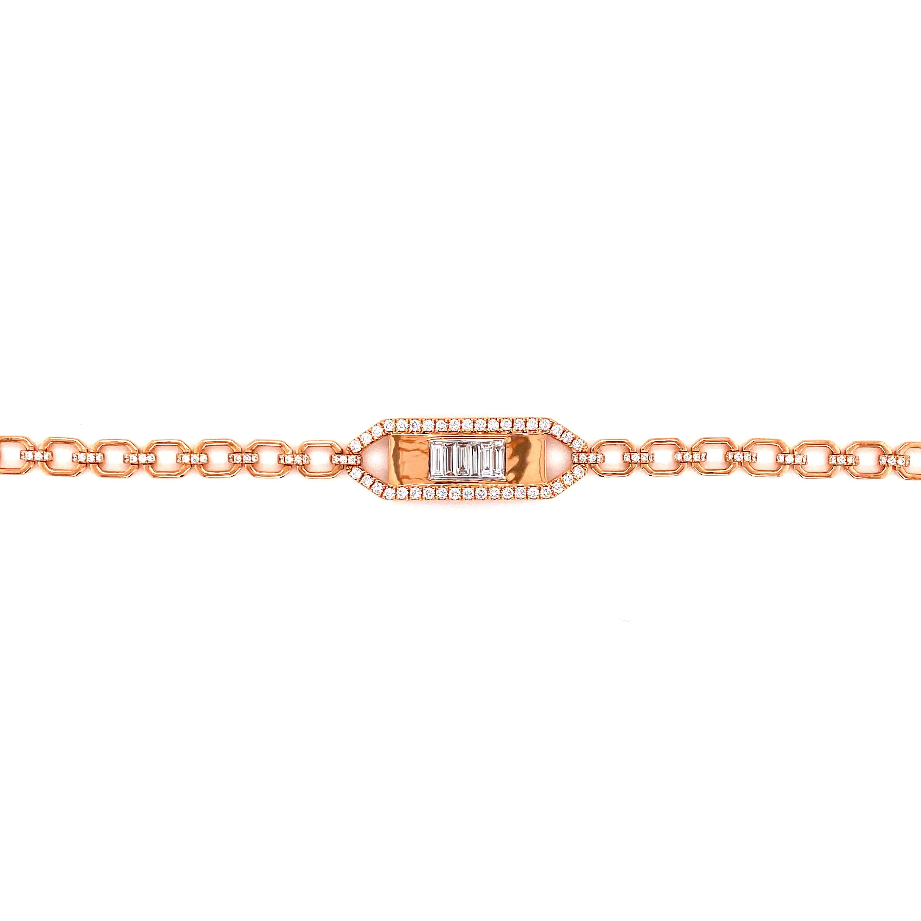 18K Rose Gold Round Baguette Diamond Bar Bracelet