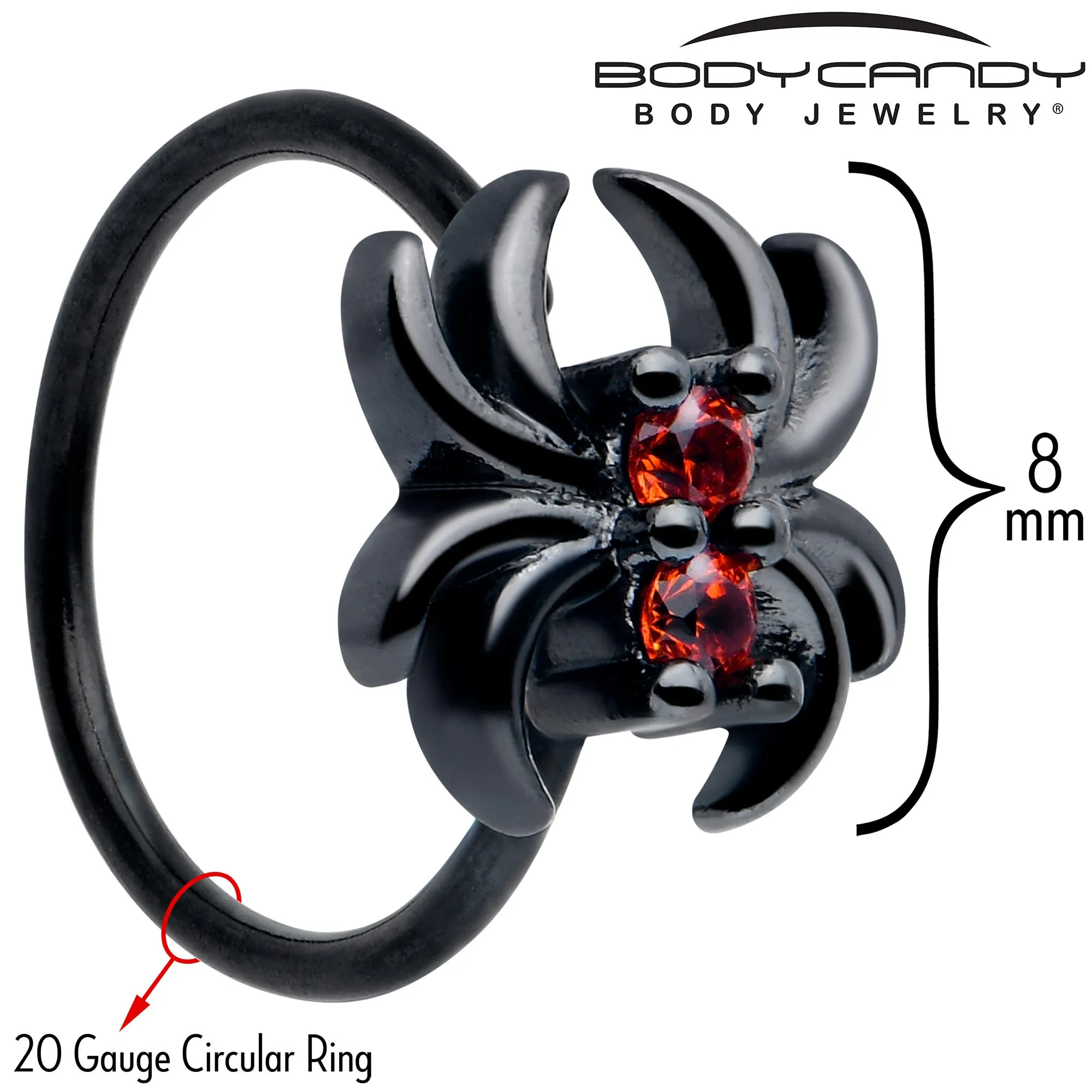 20 Gauge 5/16 Red CZ Gem Black Sleek Spider Nose Hoop