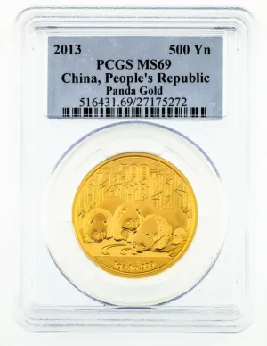 2013 China 1 Oz. Gold Panda 500 Yuan Graded by PCGS as MS69