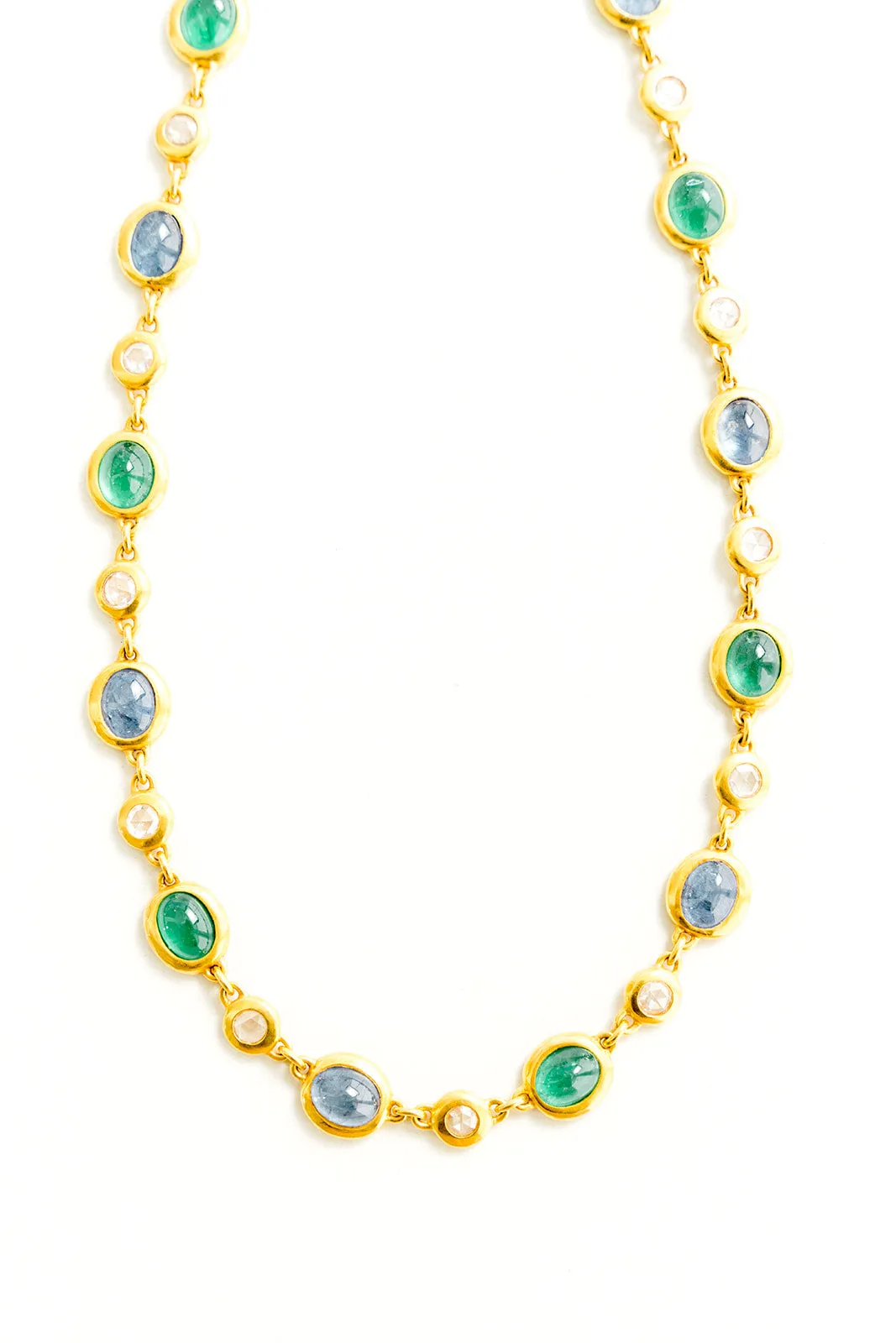 22K Yellow Gold Linked Necklace with Emeralds, Ceylon Sapphire, and Diamonds