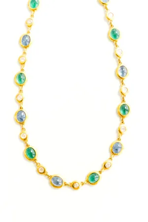 22K Yellow Gold Linked Necklace with Emeralds, Ceylon Sapphire, and Diamonds