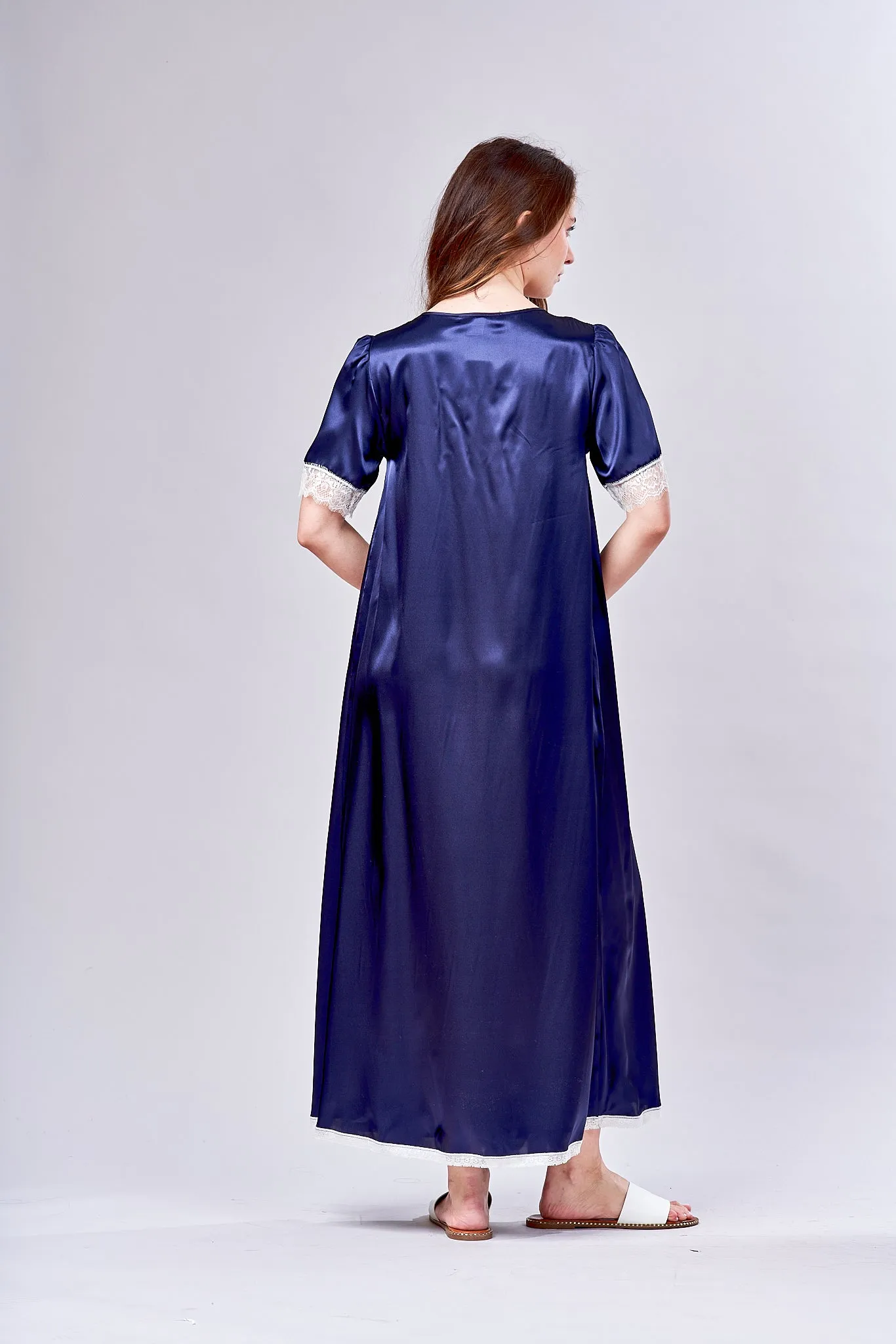 4508- Satin long gown w short sleeves