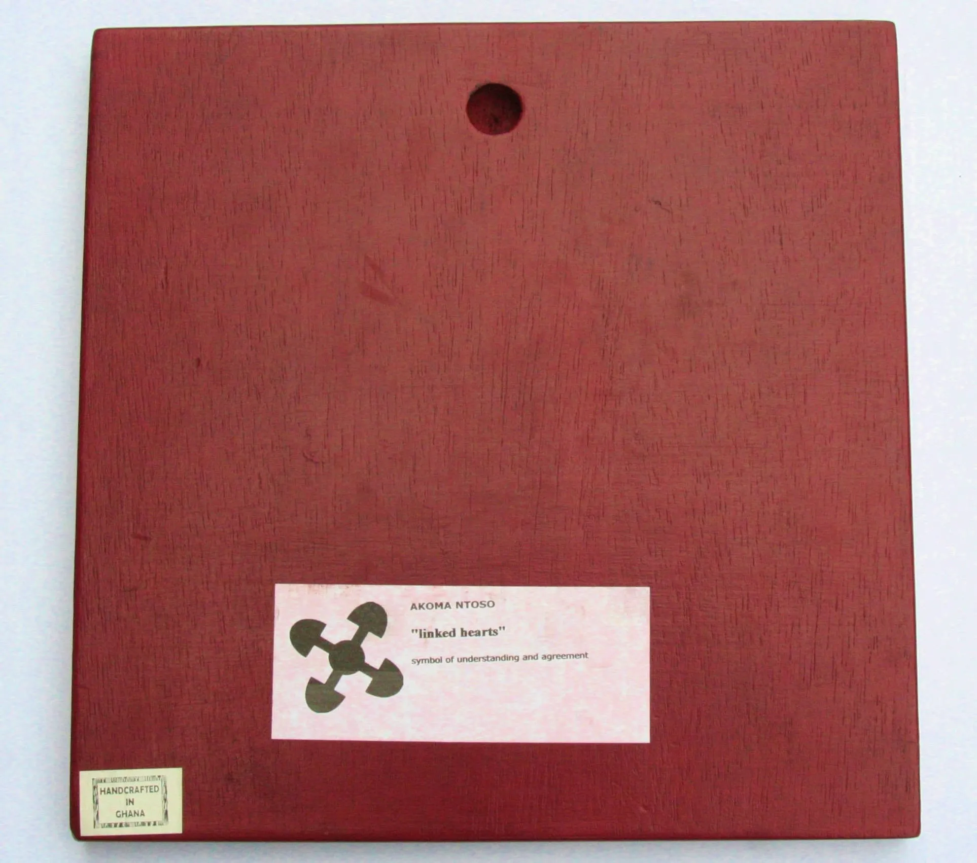 African Adinkra Symbol AKOMO NTOSO Linked Hearts Wood Carved Wall Art  Red 12" Ghana
