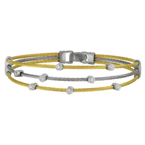 Alor Stainless Steel and 18k White Gold Yellow and Grey Cable Three-Row Diamond Bracelet, D=0.11tw