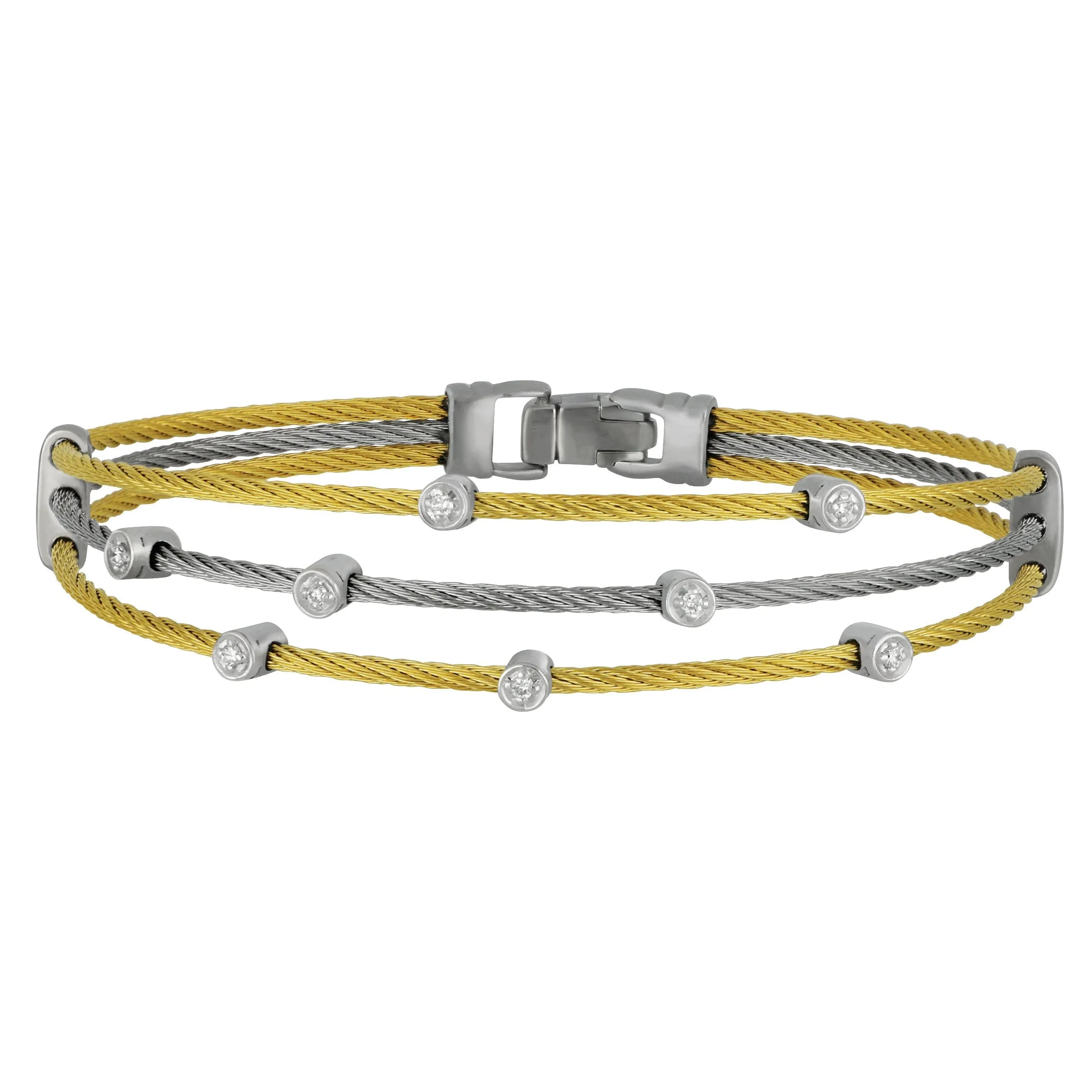 Alor Stainless Steel and 18k White Gold Yellow and Grey Cable Three-Row Diamond Bracelet, D=0.11tw