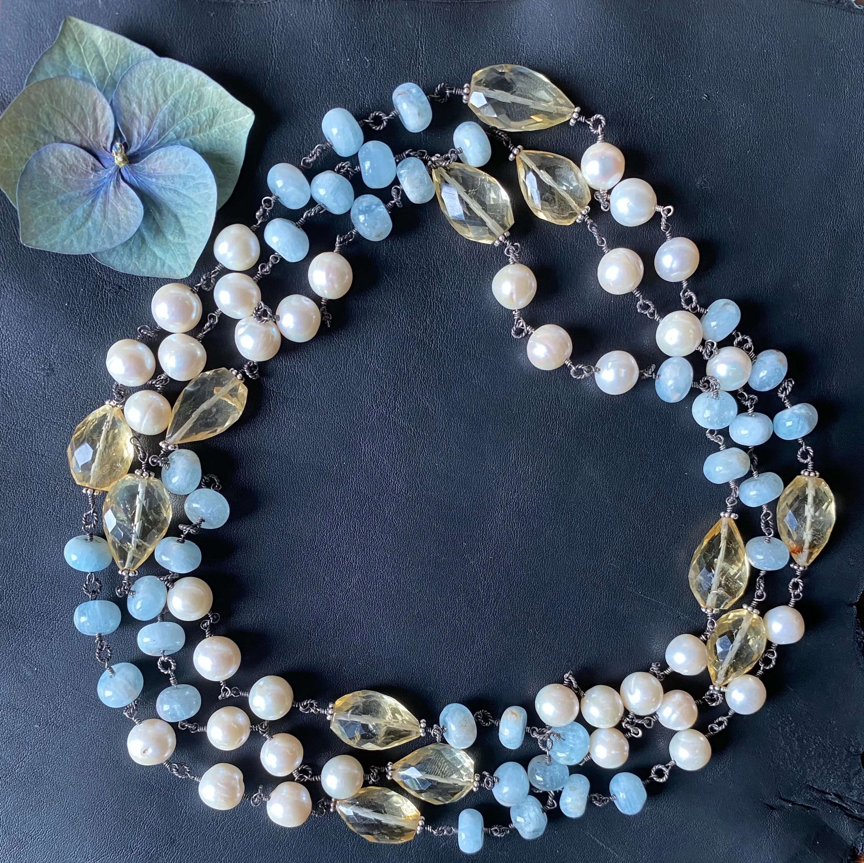 Aquamarine, Citrine, and Pearl Necklace