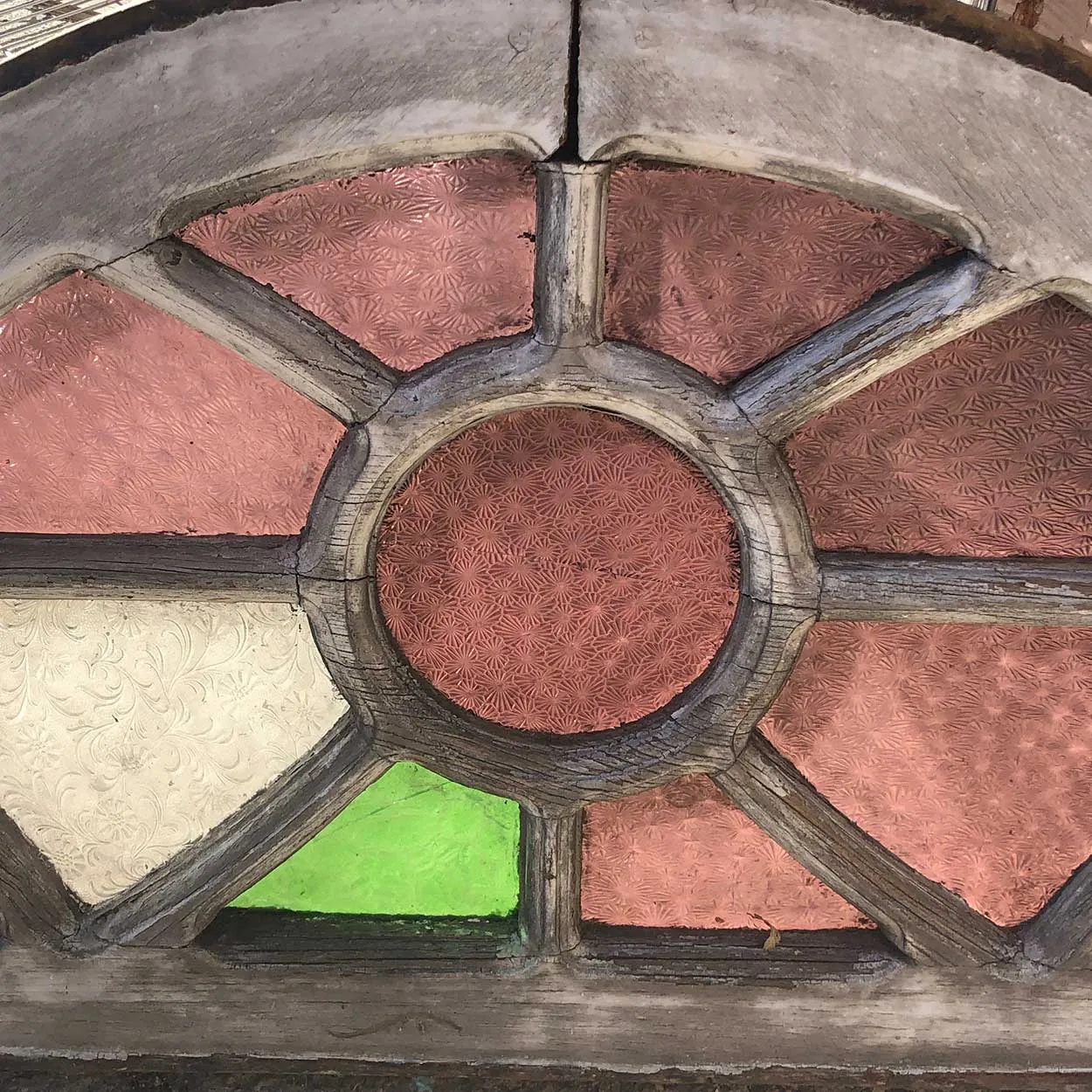 Argentine Cedar and Colored Glass Arched Architectural Window/Door Transom