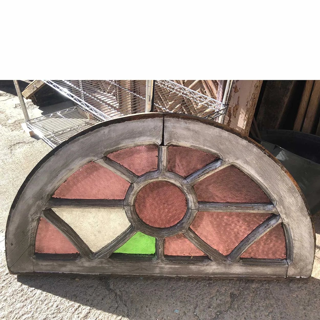 Argentine Cedar and Colored Glass Arched Architectural Window/Door Transom