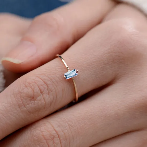 Baguette Gemstone Ring 14k Gold Dainty Band