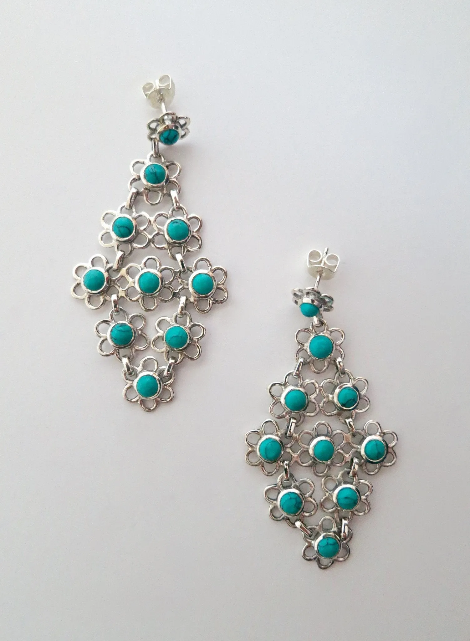 Beautiful and unique, long, flexible, linked floral units Samarkand turquoise earrings