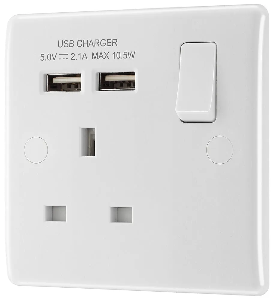BG 821U2 White Round Edge 13A SP Single Socket   2x USB