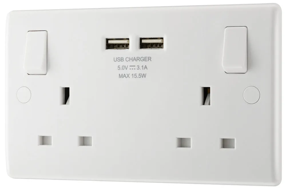 BG 822U3x5 White Round Edge 13A Double Socket   2x USB (5 Pack)