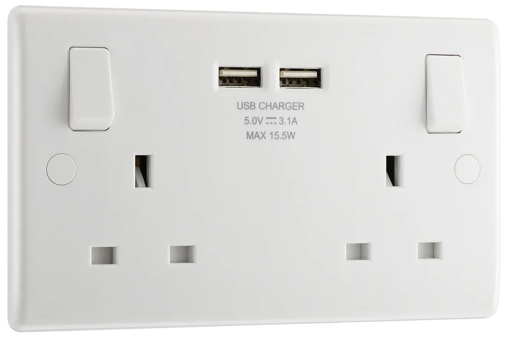 BG 822U3x5 White Round Edge 13A Double Socket   2x USB (5 Pack)