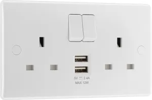 BG 822UAA12 White Round Edge 13A Double Socket   2xUSB A (12W)